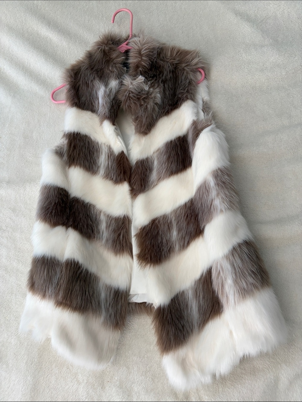 White House Black Market White and Brown Striped Faux Fur Vest